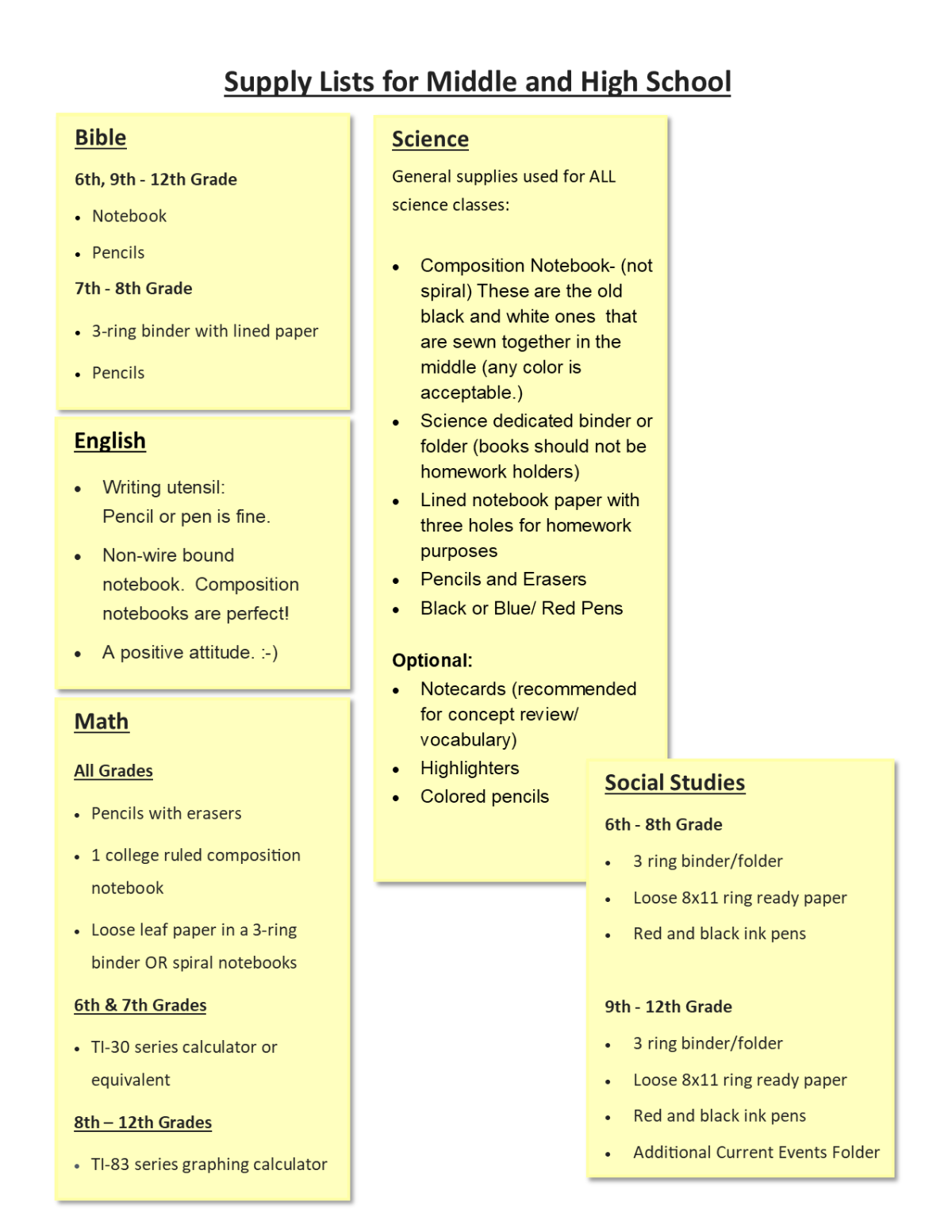 School Supply Lists GCS Patriots Grace Christian School